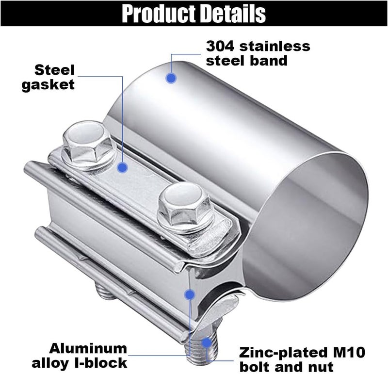 GLSOWEE 2PCS 2.25" Exhaust Clamp, Butt Joint Pipe Muffler Band Sleeve Coupler, Stainless Steel, for Pipes, Mufflers and Catalytic Converters (2.25inch) - Image 3